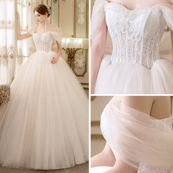 Discount Ivory Wedding Dresses 2018 Ball Gown Off-The-Shoulder Short Sleeve Backless Appliques Lace Ruffle Floor-Length / Long
