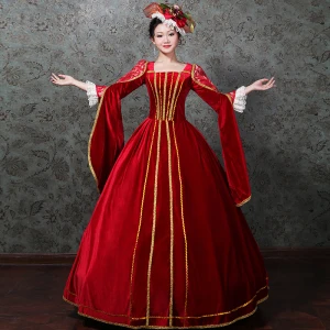 Vintage Retro Medieval Red Ball Gown Prom Dresses 2021 Square Neckline Zipper Up 3 4 Sleeve Floor Length Long Embroidered Lace Satin Cosplay Prom Formal Dresses