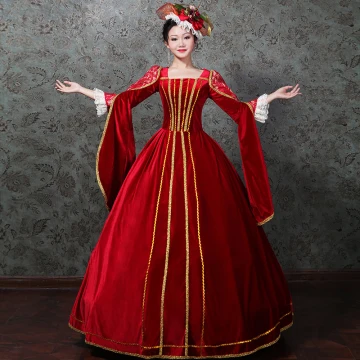 Vintage Originale Médiévale Rouge Robe Boule Robe De Bal 2021 Encolure Carrée Fermeture Éclair 3 4 Manches Longue Brodé Dentelle Satin Cosplay Promo Robe De Ceremonie