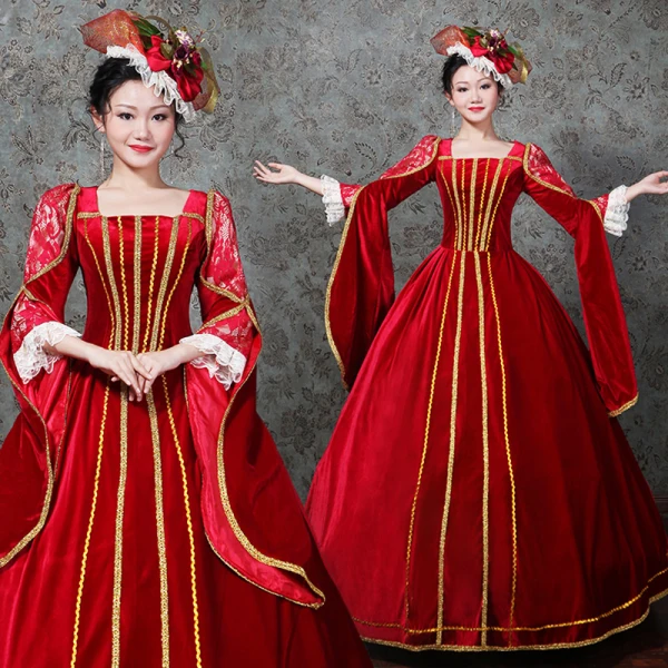 Vintage / Retro Medieval Red Ball Gown Prom Dresses 2021 Square Neckline Zipper Up 3/4 Sleeve Floor-Length / Long Embroidered Lace Satin Cosplay Prom Formal Dresses