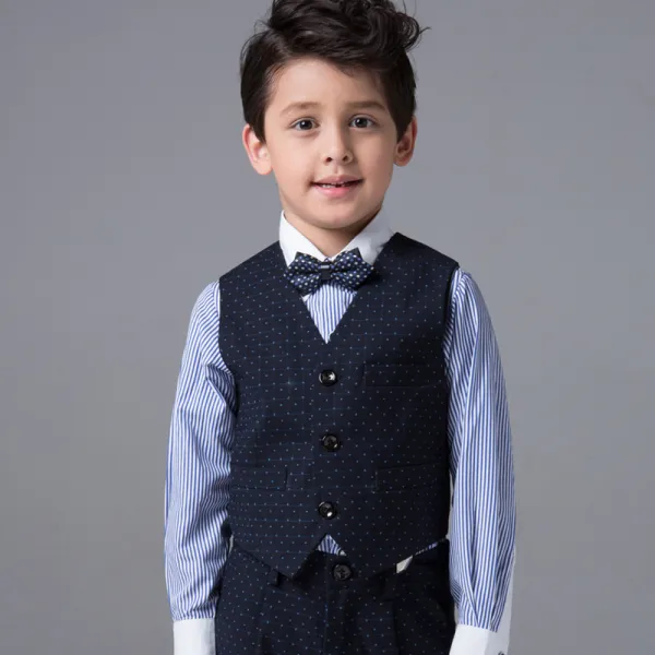 Modest / Simple Wedding Boys Wedding Suits Spotted Vest Striped Shirt 2017 Navy Blue Long Sleeve