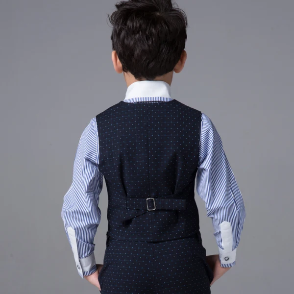 Modest / Simple Wedding Boys Wedding Suits Spotted Vest Striped Shirt 2017 Navy Blue Long Sleeve