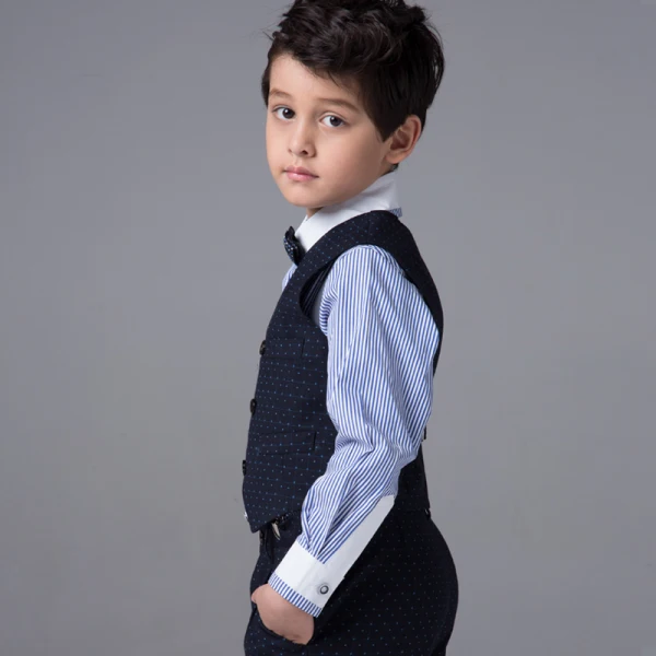 Modest / Simple Wedding Boys Wedding Suits Spotted Vest Striped Shirt 2017 Navy Blue Long Sleeve
