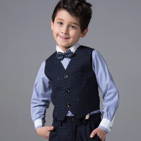Modest / Simple Wedding Boys Wedding Suits Spotted Vest Striped Shirt 2017 Navy Blue Long Sleeve