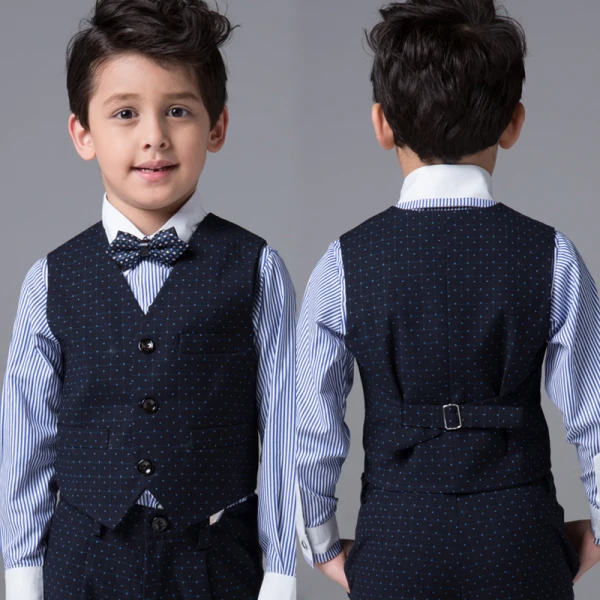 Modest / Simple Wedding Boys Wedding Suits Spotted Vest Striped Shirt 2017 Navy Blue Long Sleeve