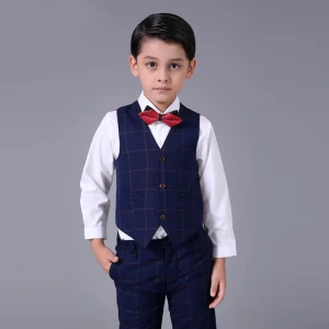 Simple Bleu Marine À Carreaux Boys Wedding Suits 2017 Manches Longues
