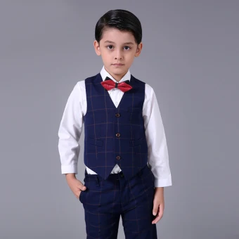 Modest Simple Navy Blue Checked Boys Wedding Suits 2017 Long Sleeve