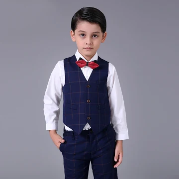 Enkla Mörk Marinblå Rutig Boys Wedding Suits 2017 Långärmad