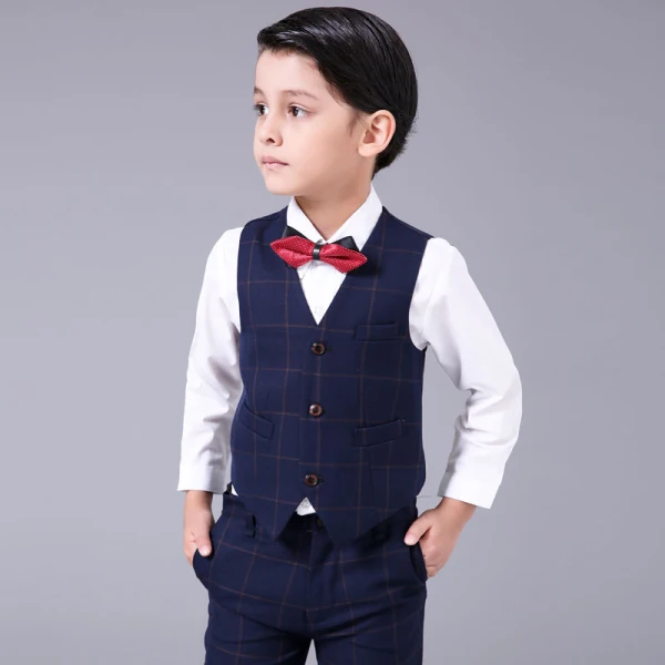 Proste / Simple Granatowe w kratę Boys Wedding Suits 2017 Długie Rękawy