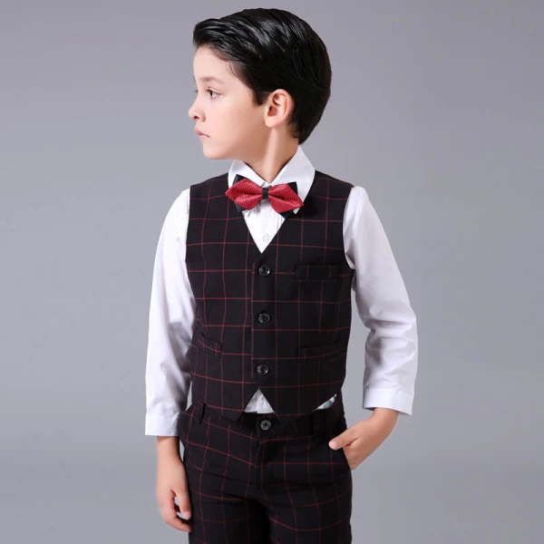Proste / Simple Granatowe w kratę Boys Wedding Suits 2017 Długie Rękawy