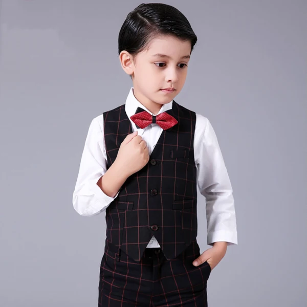 Proste / Simple Granatowe w kratę Boys Wedding Suits 2017 Długie Rękawy