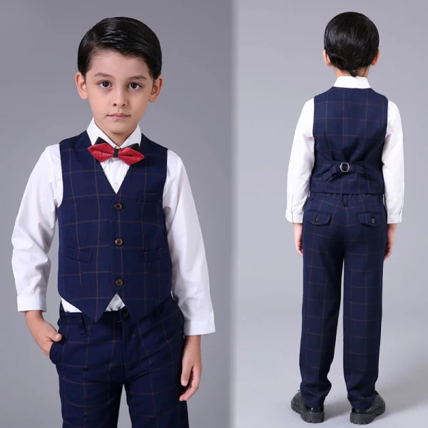 Proste / Simple Granatowe w kratę Boys Wedding Suits 2017 Długie Rękawy