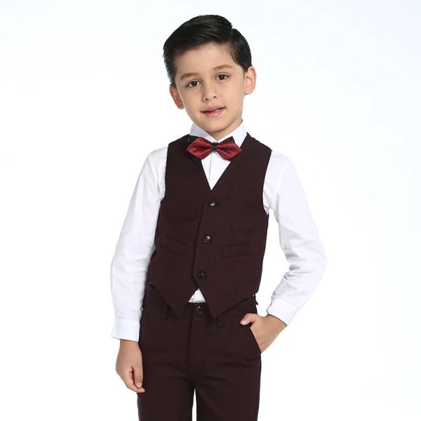 Modest / Simple Wedding Boys Wedding Suits 2017 Burgundy Checked Long Sleeve
