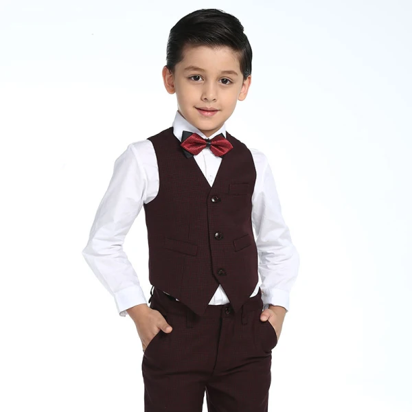 Modest / Simple Wedding Boys Wedding Suits 2017 Burgundy Checked Long Sleeve