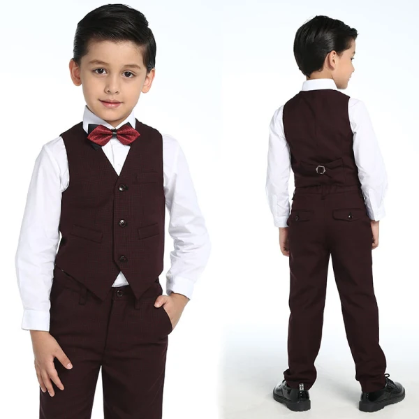 Modest / Simple Wedding Boys Wedding Suits 2017 Burgundy Checked Long Sleeve