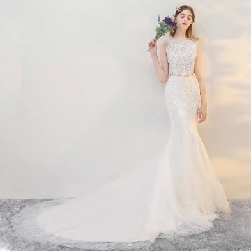 2 Piece Beach Wedding Dresses 2017 White Trumpet Mermaid Cathedral Train Square Neckline Sleeveless Lace Appliques