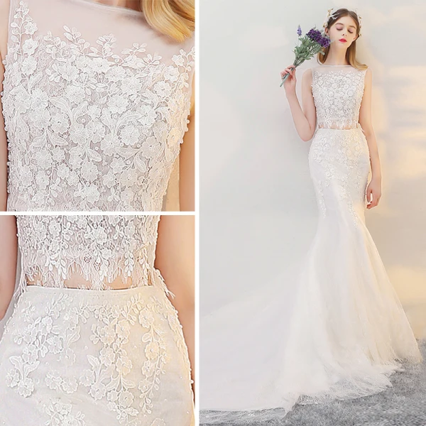 2 Pièces Plage Robe De Mariée 2017 Blanche Trompette / Sirène Cathedral Train Encolure Carrée Sans Manches En Dentelle Appliques