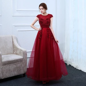 Fine Burgunder Selskapskjoler 2018 Prinsesse Scoop Halsen Hette Ermer Appliques Blomst Perle Rhinestone Sash Ankel Lengde Buste Ryggløse Formelle Kjoler