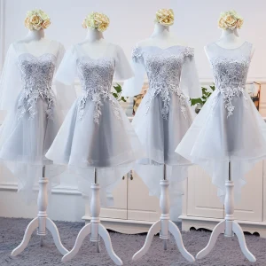 Hög Låg Grå Genomskinliga Sommar Tärnklänningar 2018 Prinsessa Appliqués Spets Asymmetrisk Ruffle Halterneck Klänning Till Bröllop