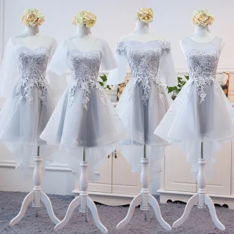 High Low Grey See Through Summer Bridesmaid Dresses 2018 A Line Princess Appliques Lace Asymmetrical Ruffle Backless Wedding Party Dresses