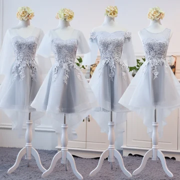 Hög Låg Grå Genomskinliga Sommar Tärnklänningar 2018 Prinsessa Appliqués Spets Asymmetrisk Ruffle Halterneck Klänning Till Bröllop