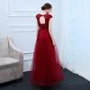 Chic / Beautiful Burgundy Evening Dresses  2018 A-Line / Princess Scoop Neck Cap Sleeves Appliques Flower Pearl Rhinestone Sash Ankle Length Ruffle Backless Formal Dresses