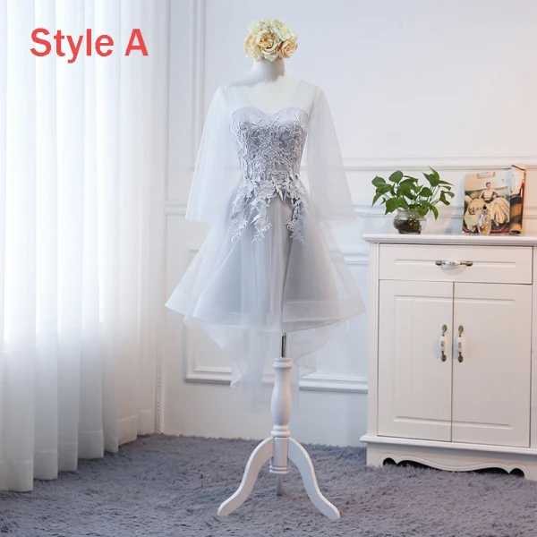 Hög Låg Grå Genomskinliga Sommar Tärnklänningar 2018 Prinsessa Appliqués Spets Asymmetrisk Ruffle Halterneck Klänning Till Bröllop