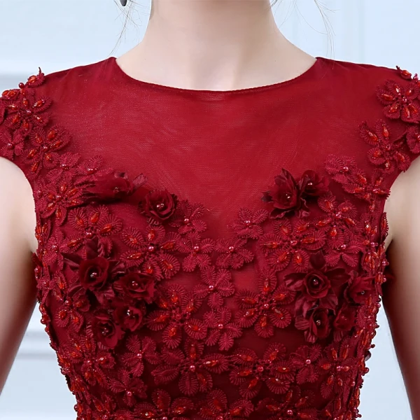 Chic / Belle Bordeaux Robe De Soirée 2018 Princesse Encolure Dégagée Mancherons Appliques Fleur Perle Faux Diamant Ceinture Longueur Cheville Volants Dos Nu Robe De Ceremonie