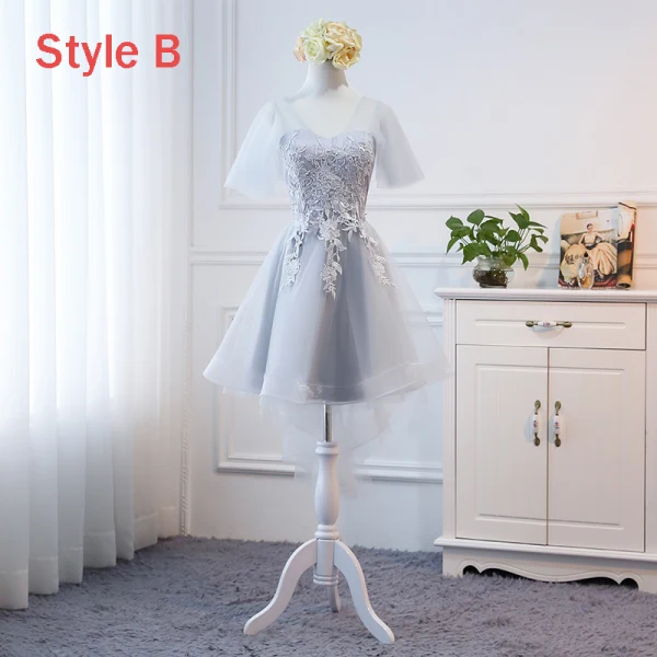 Hög Låg Grå Genomskinliga Sommar Tärnklänningar 2018 Prinsessa Appliqués Spets Asymmetrisk Ruffle Halterneck Klänning Till Bröllop