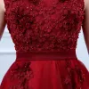 Chic / Beautiful Burgundy Evening Dresses  2018 A-Line / Princess Scoop Neck Cap Sleeves Appliques Flower Pearl Rhinestone Sash Ankle Length Ruffle Backless Formal Dresses