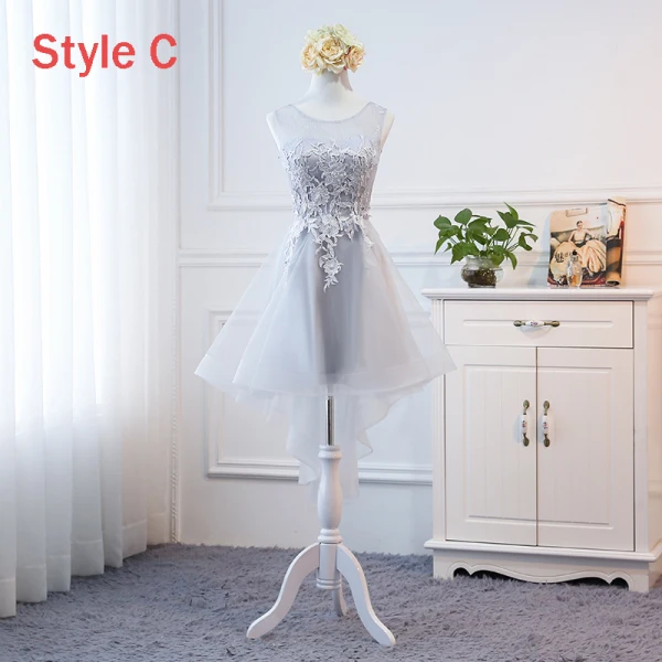 Hög Låg Grå Genomskinliga Sommar Tärnklänningar 2018 Prinsessa Appliqués Spets Asymmetrisk Ruffle Halterneck Klänning Till Bröllop