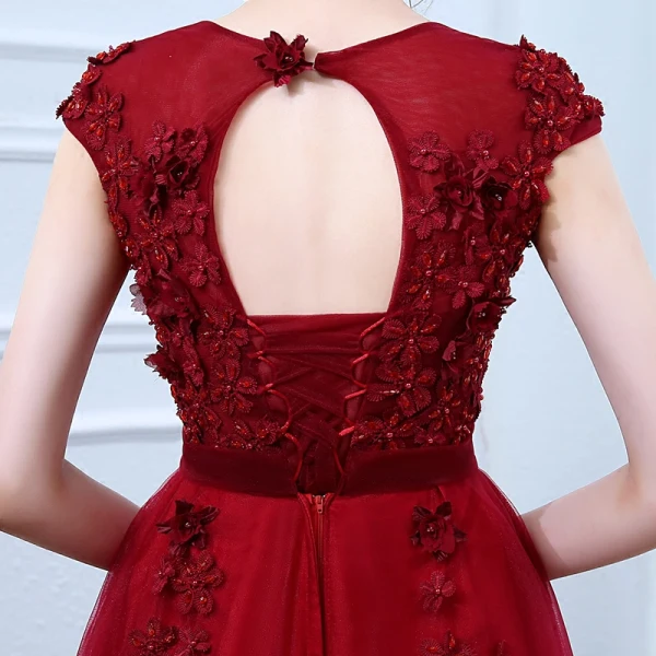 Chic / Belle Bordeaux Robe De Soirée 2018 Princesse Encolure Dégagée Mancherons Appliques Fleur Perle Faux Diamant Ceinture Longueur Cheville Volants Dos Nu Robe De Ceremonie