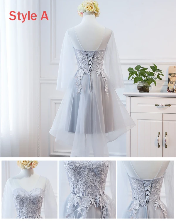 Hög Låg Grå Genomskinliga Sommar Tärnklänningar 2018 Prinsessa Appliqués Spets Asymmetrisk Ruffle Halterneck Klänning Till Bröllop
