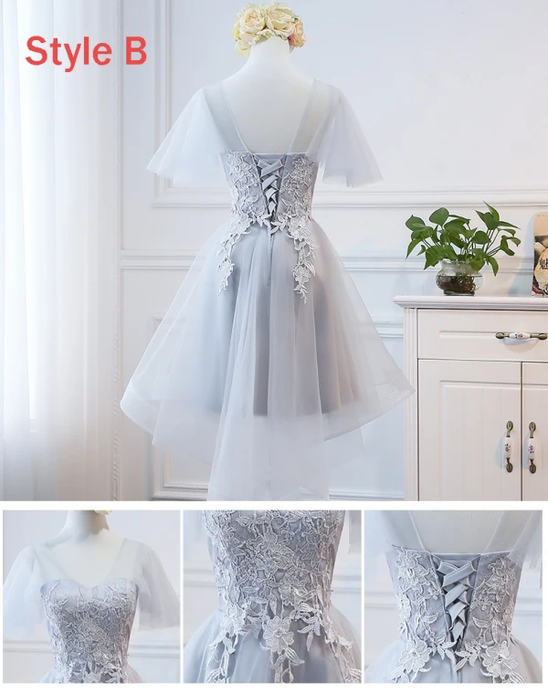 Hög Låg Grå Genomskinliga Sommar Tärnklänningar 2018 Prinsessa Appliqués Spets Asymmetrisk Ruffle Halterneck Klänning Till Bröllop