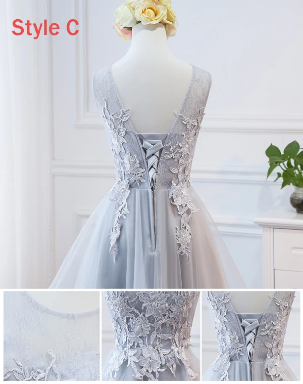 Hög Låg Grå Genomskinliga Sommar Tärnklänningar 2018 Prinsessa Appliqués Spets Asymmetrisk Ruffle Halterneck Klänning Till Bröllop