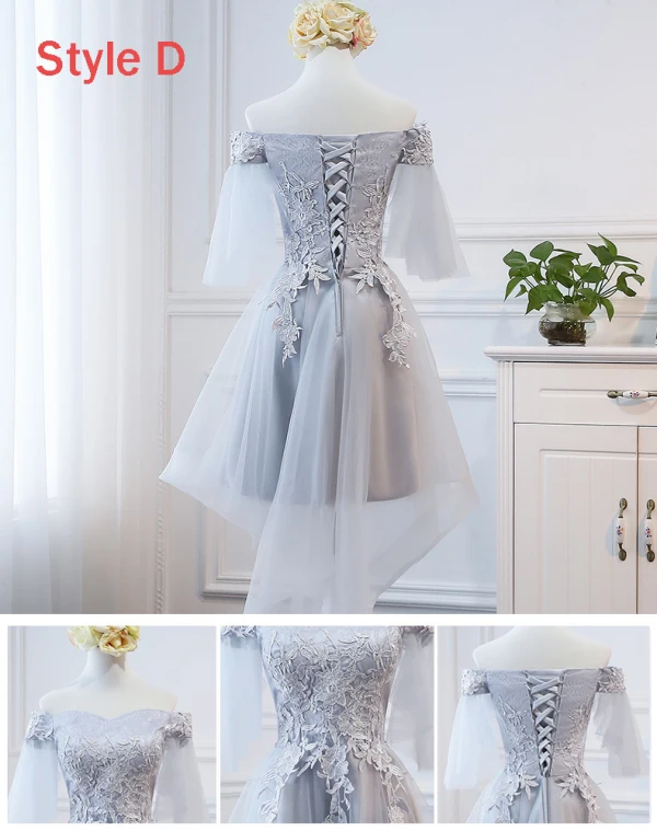 Hög Låg Grå Genomskinliga Sommar Tärnklänningar 2018 Prinsessa Appliqués Spets Asymmetrisk Ruffle Halterneck Klänning Till Bröllop