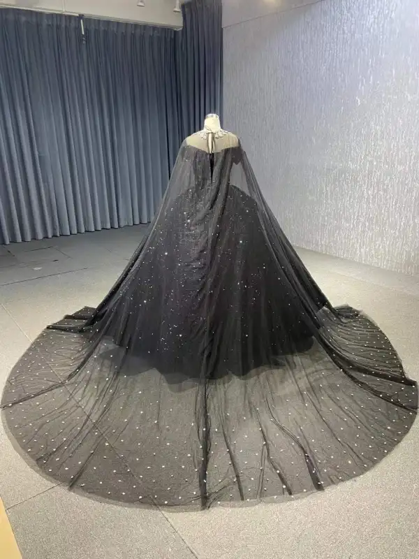 Sparkly Black Sequined Quinceañera Prom Dresses 2026 Sequins Formal Dresses With Cloak Crossed Straps Floor-Length / Long Off-The-Shoulder Ball Gown