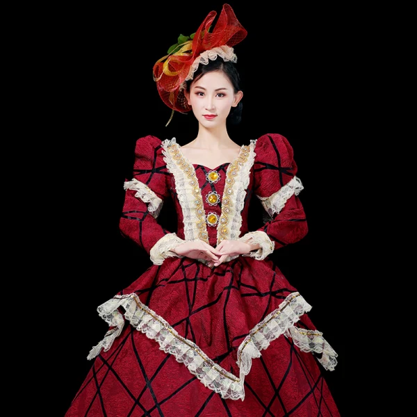 Vintage / Retro Medieval Red Ball Gown Prom Dresses 2021 Square Neckline Long Sleeve Zipper Up Floor-Length / Long Striped Beading Crystal Rhinestone Lace Satin Cosplay Prom Formal Dresses