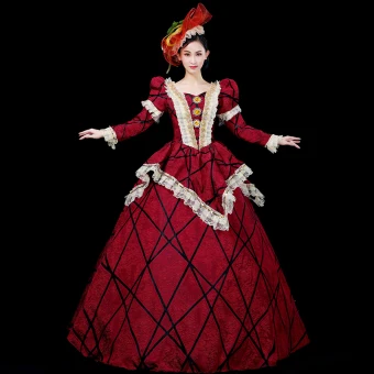 Vintage Middeleeuws Rode Baljurk Galajurken 2021 Vierkante Halslijn Lange Mouwen Rits Omhoog Lange Gestreept Kralen Kristal Rhinestone Kanten Satijn Cosplay Gala Gelegenheid Jurken