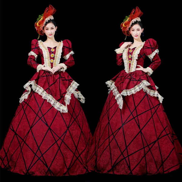 Vintage / Retro Medieval Red Ball Gown Prom Dresses 2021 Square Neckline Long Sleeve Zipper Up Floor-Length / Long Striped Beading Crystal Rhinestone Lace Satin Cosplay Prom Formal Dresses
