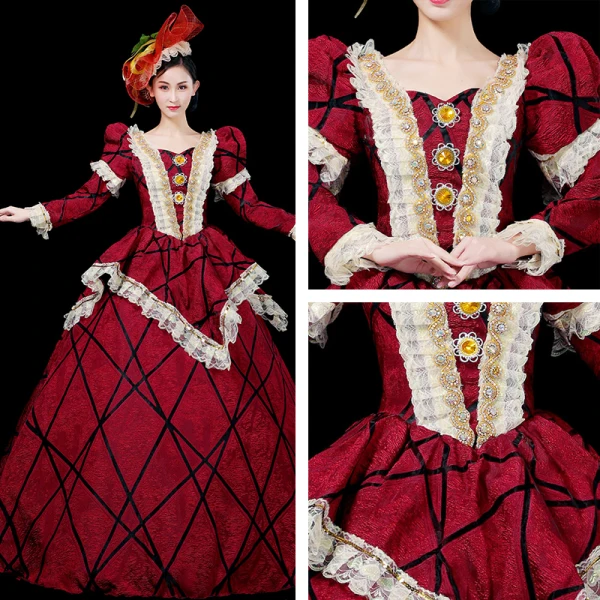 Vintage / Retro Medieval Red Ball Gown Prom Dresses 2021 Square Neckline Long Sleeve Zipper Up Floor-Length / Long Striped Beading Crystal Rhinestone Lace Satin Cosplay Prom Formal Dresses