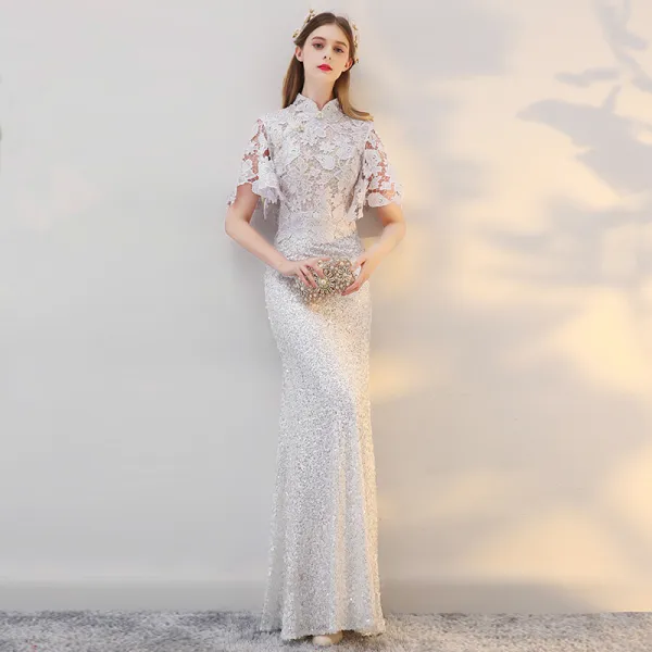 Chinese style Beach Wedding Dresses 2017 White Trumpet / Mermaid Floor-Length / Long Pearl High Neck Short Sleeve Sequins Lace Appliques