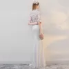 Chinese style Beach Wedding Dresses 2017 White Trumpet / Mermaid Floor-Length / Long Pearl High Neck Short Sleeve Sequins Lace Appliques