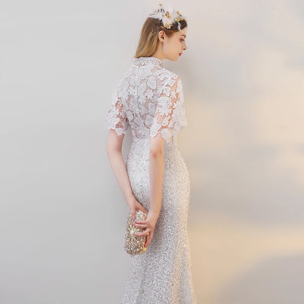 Chinese style Beach Wedding Dresses 2017 White Trumpet / Mermaid Floor-Length / Long Pearl High Neck Short Sleeve Sequins Lace Appliques