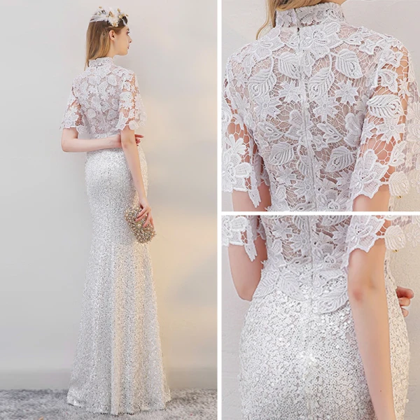 Chinese style Beach Wedding Dresses 2017 White Trumpet / Mermaid Floor-Length / Long Pearl High Neck Short Sleeve Sequins Lace Appliques