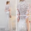 Chinese style Beach Wedding Dresses 2017 White Trumpet / Mermaid Floor-Length / Long Pearl High Neck Short Sleeve Sequins Lace Appliques