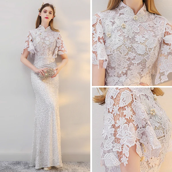 Chinese style Beach Wedding Dresses 2017 White Trumpet / Mermaid Floor-Length / Long Pearl High Neck Short Sleeve Sequins Lace Appliques
