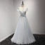 Élégant Robe De Ceremonie 2017 Robe De Soirée Bleu Ciel Gris Train De Balayage Princesse Volants en Cascade Encolure Dégagée Manches Courtes Dos Nu Ceinture Perlage Cristal Paillettes Perle
