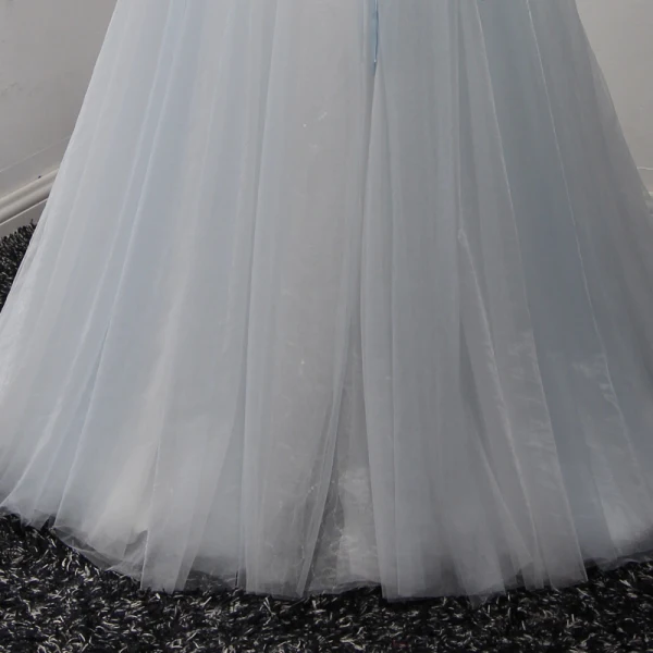 Élégant Robe De Ceremonie 2017 Robe De Soirée Bleu Ciel Gris Train De Balayage Princesse Volants en Cascade Encolure Dégagée Manches Courtes Dos Nu Ceinture Perlage Cristal Paillettes Perle
