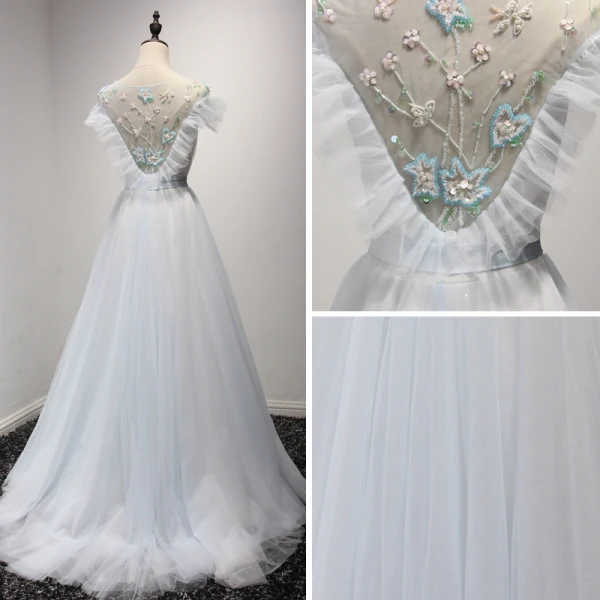 Élégant Robe De Ceremonie 2017 Robe De Soirée Bleu Ciel Gris Train De Balayage Princesse Volants en Cascade Encolure Dégagée Manches Courtes Dos Nu Ceinture Perlage Cristal Paillettes Perle